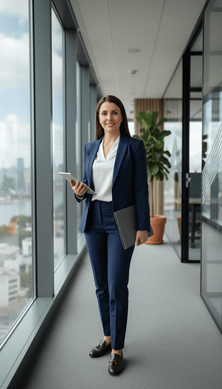 Manuela Brömer in professionellem Arbeitsumfeld mit Blick auf die Stadtsilhouette von Miami
