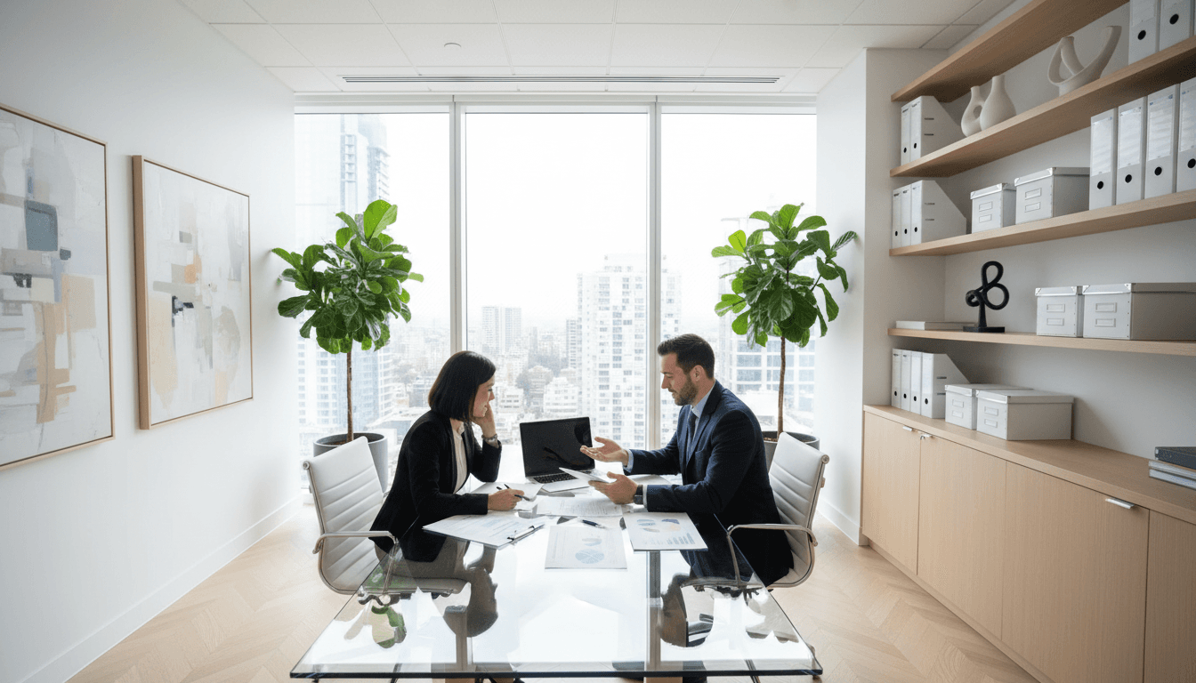 Beraterin bespricht Unternehmensstruktur mit Klient im modernen Büro